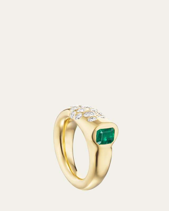 18K Yellow Gold Small Battery Ring with Diamonds and Asscher-Cut Emerald